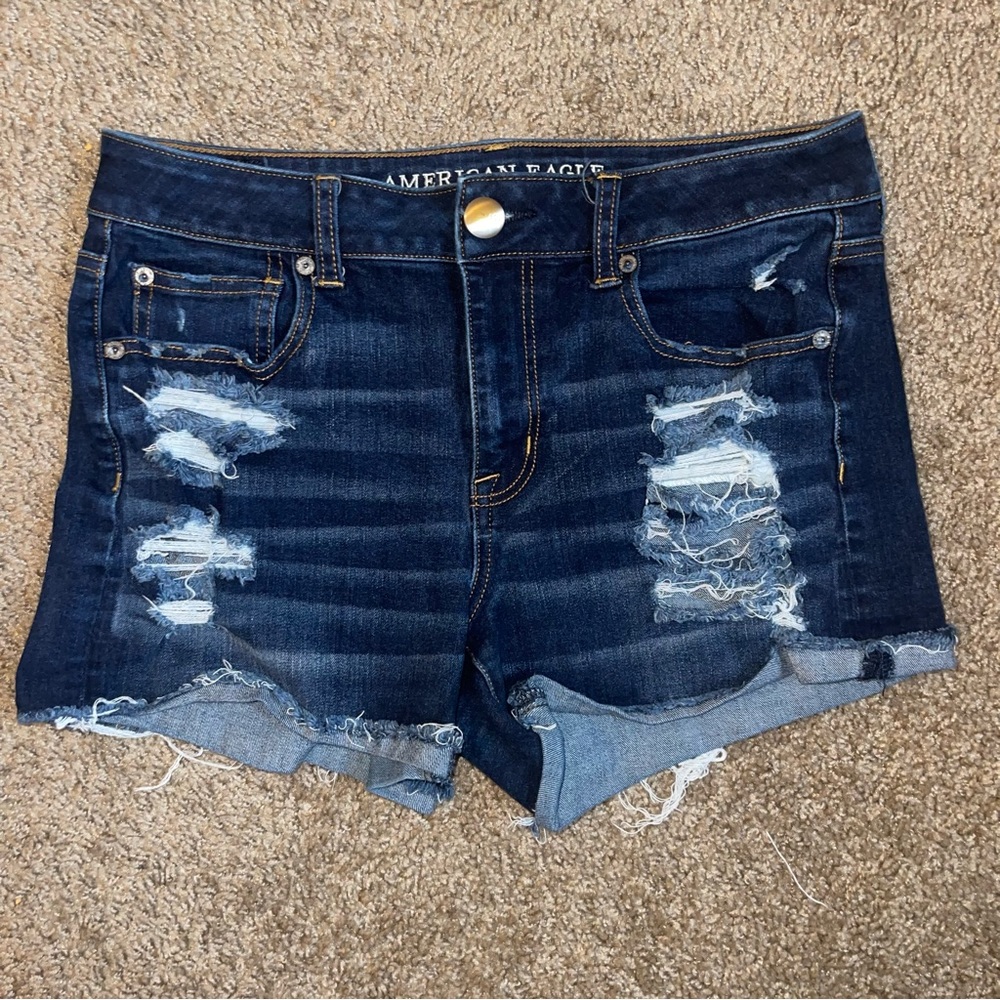 American Eagle Outfitters Dark Wash Distressed Hi Rise Shortie Jean Shorts